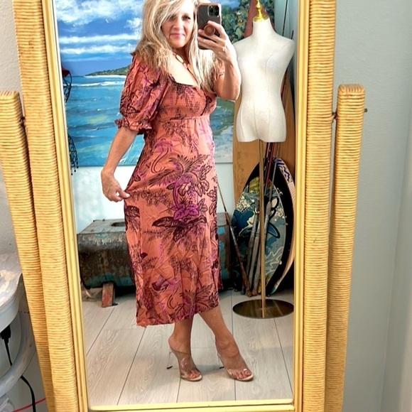 Anthropologie Maeve Birdsong Smocked Puff Sleeve Midi Dress Pink Birds Size M - Picture 4 of 16